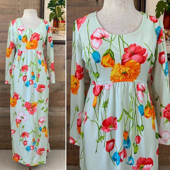 Vintage 1970’s Bright Floral Print Knit Empire Waist Maxi Dress - Picture 1 of 8